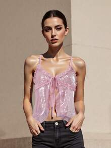 Women's Summer Sequin Front Tie Ruffled Trim Tank Tops  Soft Cami For Party  Date - Màu Hồng Tươi - Xem 3