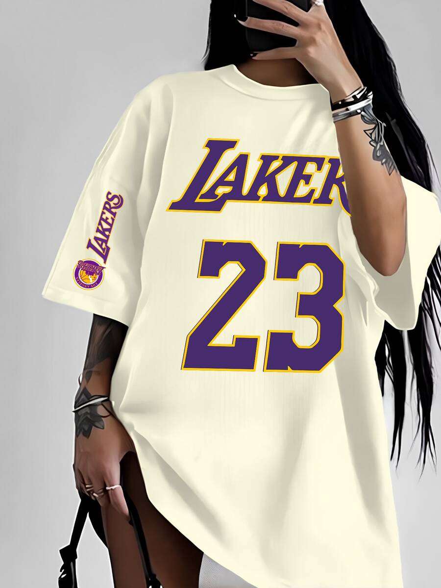 Women's Basic T-Shirt American Style Basketball Player Streetwear Fashion High School Cotton Modern Stylish T-Shirt Blouse - 奶油色 - 查看 1