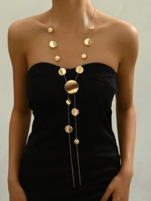 1 件时尚优雅创意几何圆形光滑不对称排列细蛇链 Y 形项链女士 - 金色 - 查看 2