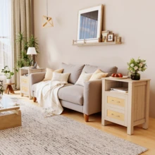 Furniwell Rattan Nightstands Set Of 2, Farmhouse Night Stand With 2 Drawers And Storage Shelf - Boho Bedside Table End Side Table For Bedroom - Xem 6