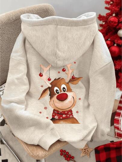 Sudadera con capucha casual con forro térmico y estampado de renos de dibujos animados para mujer LOVE JOYY, otoño/invierno