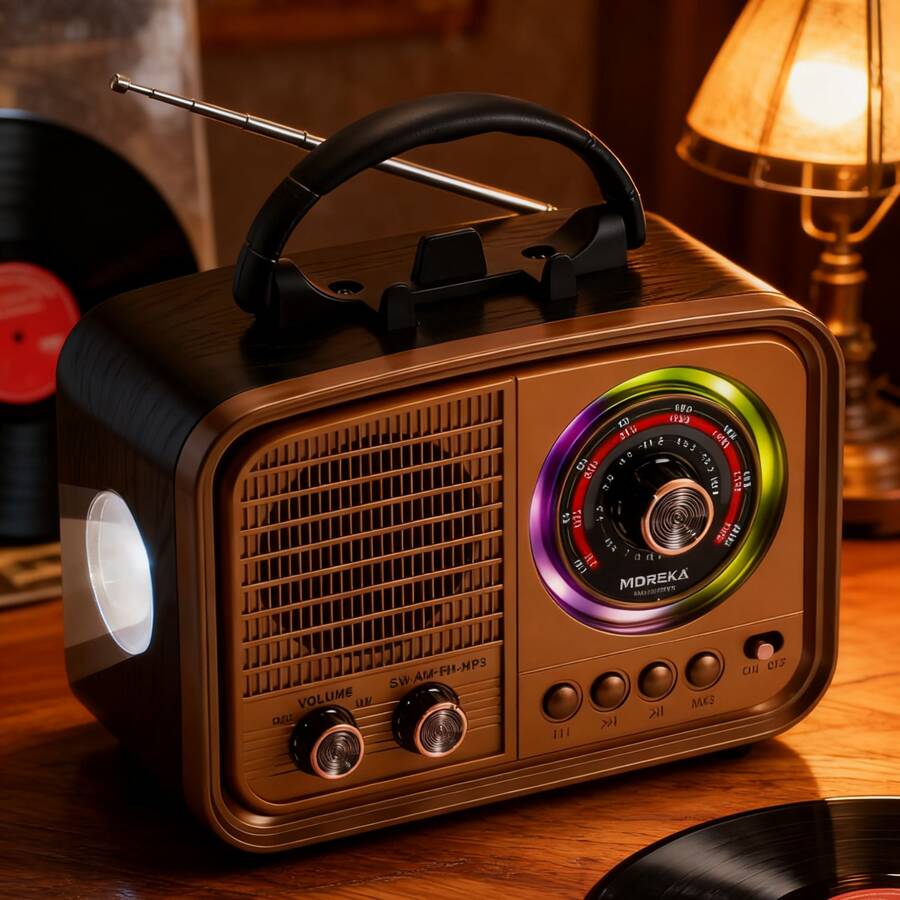 Altavoz Bluetooth multifuncional con radio FM, graves potentes y luces LED decorativas. - Marrón - Ver 1