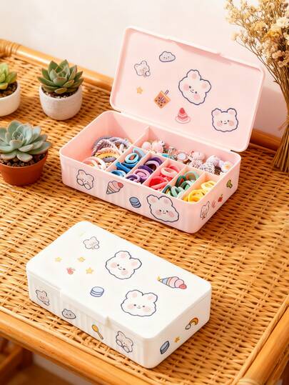 1 pieza Caja de almacenamiento de accesorios para el cabello de niños, Caja de almacenamiento de accesorios para el cabello de niñas, Caja de almacenamiento de lazos y pinzas para el cabello de niños, Caja decorativa de escritorio para almacenamiento de accesorios para el cabello de niños (se incluye pegatina aleatoria)