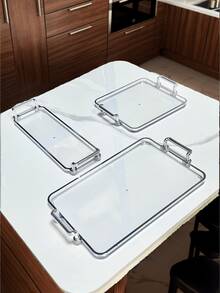 1pc Modern Luxury Double Handle Silver Edged Tray, Suitable For Wedding, Dessert, Outdoor, Multi-Purpose Serving Tray - Silver - View 2