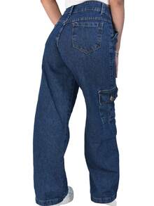 Cargo Pants, 100% Cotton, Wide Leg, Palazzo Style For Girls. - Azul lavado oscuro - Ver 3