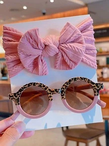 2件套新款可爱纯色蝴蝶结发箍和圆形时尚眼镜配饰套装，适合男宝宝和女宝宝，仅含卡片展示，不含运费。 - 中紫紅色 - 查看 4