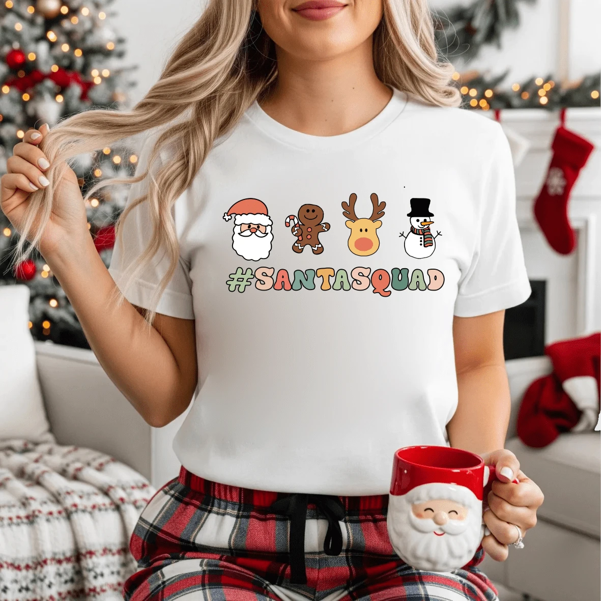 Camiseta de manga corta para mujer con estampado navideño, SANTA SQU AD, apropiada para fiestas navideñas - Blanco - Ver 1