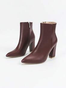 秋冬季女士经典纯色酒红色高跟靴，尖头粗跟踝靴，性感百搭通勤派对时尚踝靴，适合办公室、派对、婚礼等各种场合，四季皆宜。 - 酒紅色 - 查看 7