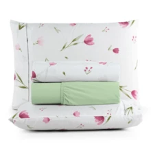 4-Piece Sheet Set 100% Cotton Single, Full, Queen, King, Stitched Pattern, Printed - HOA TULIP HỒNG - Xem 1