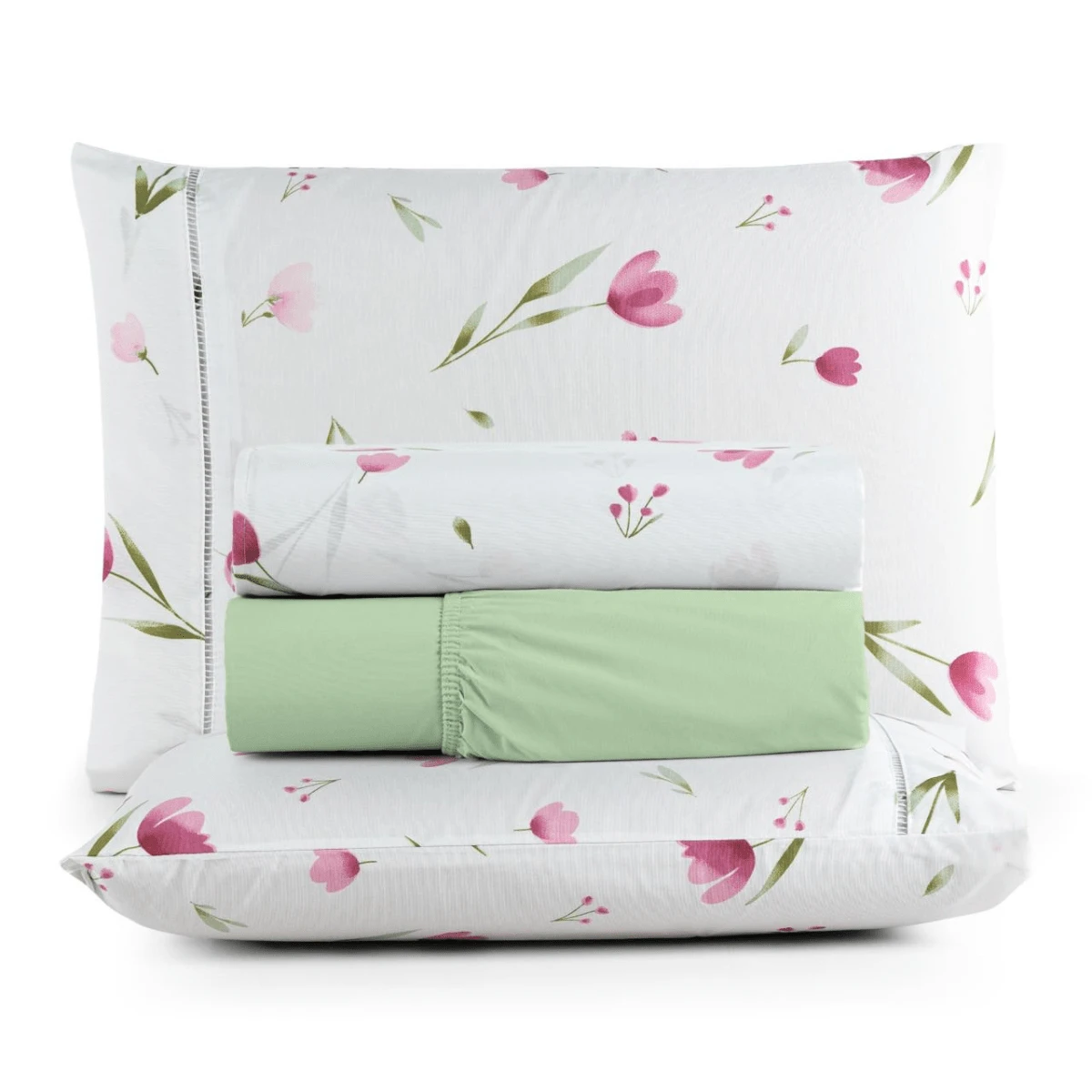 4-Piece Sheet Set 100% Cotton Single, Full, Queen, King, Stitched Pattern, Printed - HOA TULIP HỒNG - Xem 1