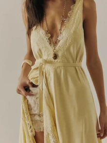 Womens Slip Lace Long Maxi Wrap Dress Y2k Aesthetic Summer Flowy Swing Going Out Boho Ruffle Hem Streetwear Dresses - 黃色 - 查看 3