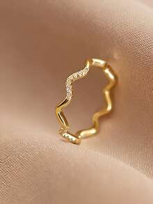 1pc S925 Sterling Silver Wave Design Synthetic Zirconia Stone Women's Ring, Elegant & Suitable For Daily Wear - Yellow Gold - View 11