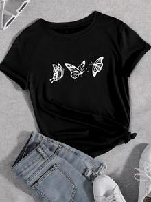 Playera mujer de algodón 100% con estampado de mariposas, diseño casual moderno, cuello redondo, manga corta, cómoda y transpirable para verano y estilo diario - Negro - Ver 6