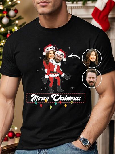 Customized Personalized Men's Casual Loose Christmas Portrait/Name T-Shirts - Add Your Portrait Photo And Text For Birthday Gift, Anniversaries, Or Holidays, Christmas Gift.(Family/Pet/Friend/Lover/Girlfriend/Gifts/Logo For Couples/Customizable T-Shirts For Husband Or Boyfriend Or Girlfriend, Birthday Present And Party), Gym Boy