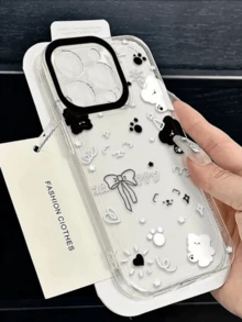 Kawaii Black White Cloud Star Bear Phone Case with Pearl Star Wrist Strap Bracelet Set, Transparent Shockproof iPhone Cover, 2-in-1 Stylish Accessory, Cute Cartoon Design, Detachable Bracelet for Daily Wear,Gift for Teens Girls Women, Daily/Travel/School Use, Media-FReool - 黑白貓蘋果手機殼 - 查看 5