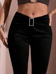 Pantalones deportivos de cintura alta y pierna ancha con hebilla y brillo para mujer, para deportes al aire libre