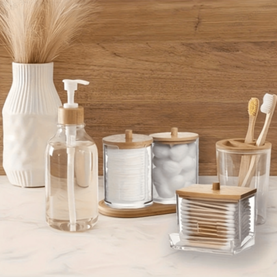 1 Piece / 3 Pieces Set Of Wooden Cover Plate Modern Bathroom Storage Set - Transparent Plastic Storage Container, Built-In Space For Storing Swabs, Washers And Makeup Pad Storage Box