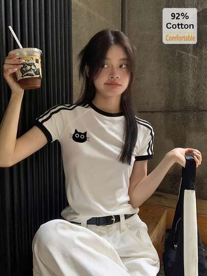4-Stripe Short Cat Print Short Sleeve T-Shirt Women Slim Top