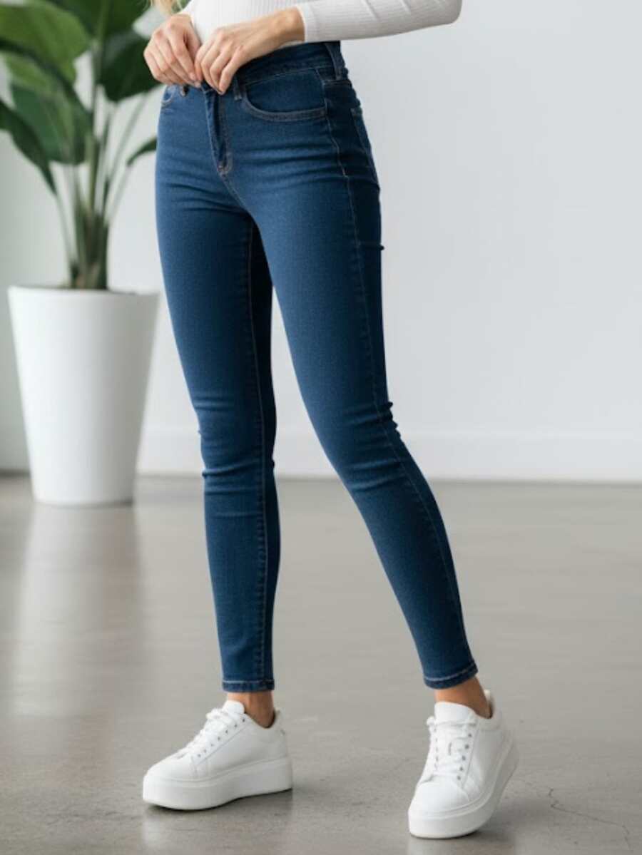 Vaqueros ajustados casuales para mujer, largos, con bolsillo, botón y cremallera, elasticidad media para uso diario. - Marino 9014-5 - Ver 1