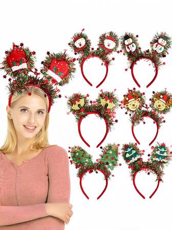 1 pieza Diadema con diseño de estrella navideña a rayas, accesorio de cabeza con decoración de campanas y muñeco de nieve para fiestas