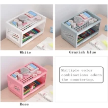 1 件装双层桌面收纳架 - 长方形桌面收纳架，双层设计，带可拆卸隔板，哑光表面处理，多用途塑料收纳架，PP材质，适用于办公用品、化妆品、厨房用品、文具、配件、浴室用品、调料架等，哑光表面，通风设计，垂直收纳架 - 彩色 - 查看 13