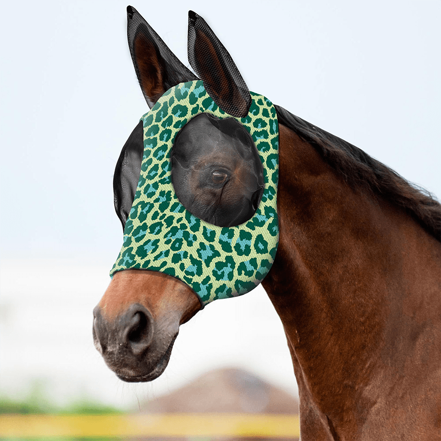 (M, L) Green Leopard Print Horse Face Mask, Comfortable With Ears, UV Protection, Soft & Lightweight, Breathable, Mosquito & Fly Proof