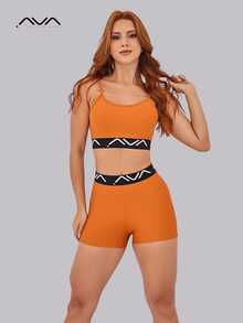 Women's Gym Set Suplex Polyamide Top And Shorts With Personalized Elastic AVA Fitness Power - Burnt Orange - View 3