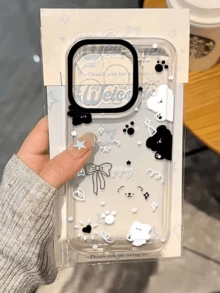 Kawaii Black White Cloud Star Bear Phone Case with Pearl Star Wrist Strap Bracelet Set, Transparent Shockproof iPhone Cover, 2-in-1 Stylish Accessory, Cute Cartoon Design, Detachable Bracelet for Daily Wear,Gift for Teens Girls Women, Daily/Travel/School Use, Media-FReool - 黑白貓蘋果手機殼 - 查看 7