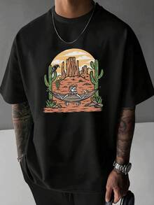 Skeleton Relaxed In A Hammock Among Cacti With A Desert And Rock Background Under A Warm Sky Evoking Peace And Adventure. Men's T-Shirt, 100% Cotton, 0EAU - 黑色 - 查看 3