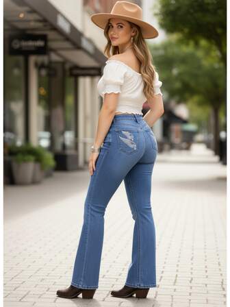 Jeans vaqueros mezclilla gruesa bootcut talle alto pretina ancha casual acampanados tobillo diseño dibujo tejido bordado calaveras look casual rockero country.