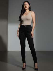 Vaqueros ajustados casuales para mujer, largos, con bolsillo, botón y cremallera, elasticidad media para uso diario. - Negro 9014-3 - Ver 3