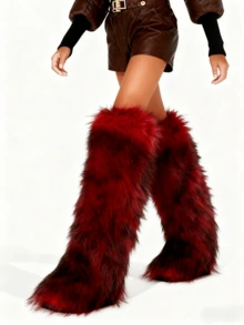 Women Fashionable Winter Christmas Furry Knee High Long Boots Pull-On Faux Fur Round Toe Boots Warm Knee High Boots Outdoor Flat Shoes Party Casual Winter Fall Boots - 紅色 - 查看 7
