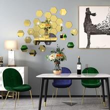 12pcs Hexagon Acrylic Gold Wall Mirror Stickers, Modern Geometric Wall Decor, Easy To Clean, Suitable For Living Room, Bedroom, Home Art Bedroom Living Room Wall Decoration - Multicolor - View 3