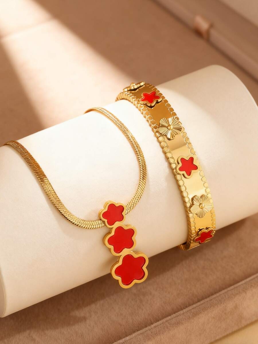 VceTd 1 Set Elegant Floral Design Stainless Steel Women Jewelry Set, Suitable For Daily Commute, Holiday Parties, Or As A Gift For Loved Ones