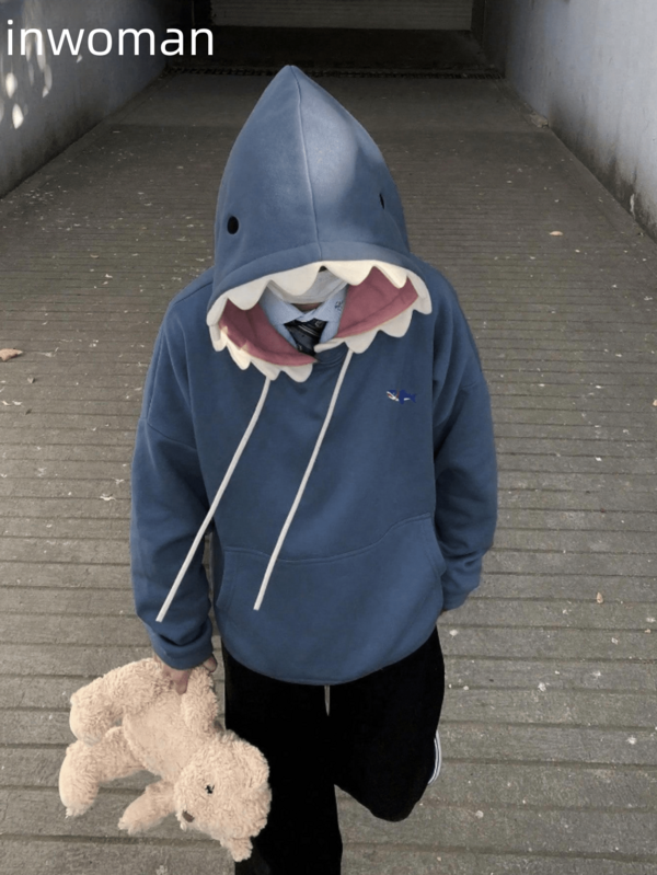 Inwoman Fall Solid Color Street Loose Hoodies Long Sleeve Drawstring Pockets Shark Print Casual Hoodies For Women