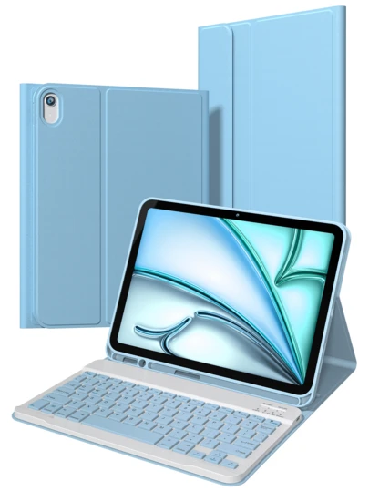 This Keyboard Case Is Compatible With IPad (A16) 11th Gen, 10th Gen, 7th/8th/9th Gen, IPad Air 4th/5th Gen/(M2) 2024/(M3) 2025, IPad Pro 11-Inch (2018/2020/2021/2022). It Is Made Of PU Leather Material, With A Detachable Wireless Keyboard, 150mAh Battery, And Built-In Apple Pencil Holder. The Color Is Light Blue.