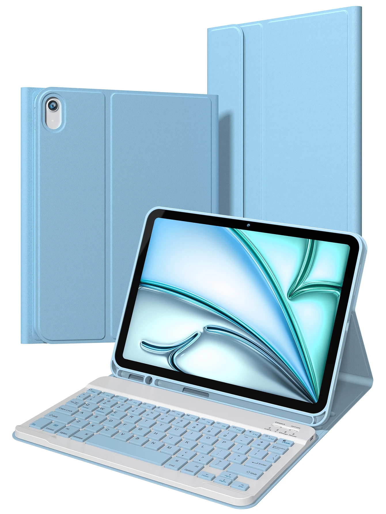 这款键盘保护套兼容 iPad (A16) 第 11 代、第 10 代、第 7/8/9 代，iPad Air 第 4/5 代/(M2) 2024/(M3) 2025，以及 iPad Pro 11 英寸（2018/2020/2021/2022）。它采用 PU 皮革材质，配备可拆卸无线键盘、150mAh 电池和内置 Apple Pencil 收纳槽。颜色为浅蓝色。