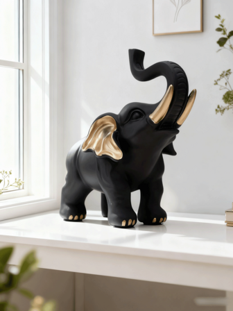 黑白树脂大象摆件，金色点缀，装饰吉祥动物雕像摆件，家居装饰及礼品