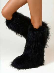 Women's Winter Furry Snow Boots For Women Fuzzy Fluffy Round Toe Suede Booties Flat Heel Slip On Outdoor Indoor Shoes EdgyElongate Fashion Warm Fluffy Christmas Shoes - 黑色長款 - 查看 6