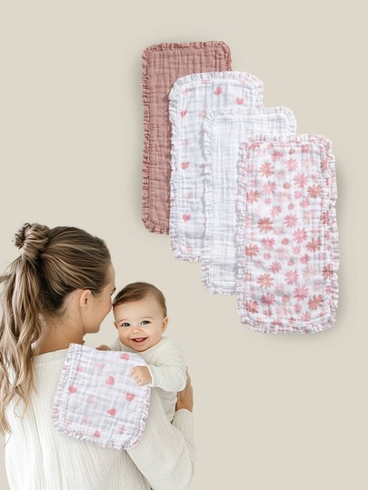 2pcs Soft Thin Comfortable Heart & Floral Print Lace Trim Bibs, Suitable For Newborn Baby Care All Seasons, Oeko-Tex Certified