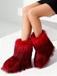 Women's Winter Furry Snow Boots Fuzzy Fluffy Round Toe Suede Booties Flat Heel Slip On Outdoor Indoor Shoes Fashion Warm Fluffy Shoes - 紅色 - 查看 2