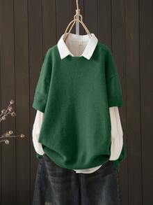 Plus Size Women's Casual Everyday Commute Simple Solid Color Round Neck Dropped Shoulder Loose Sweater (Excluding Shirt) Spring - North Deep Green - View 1