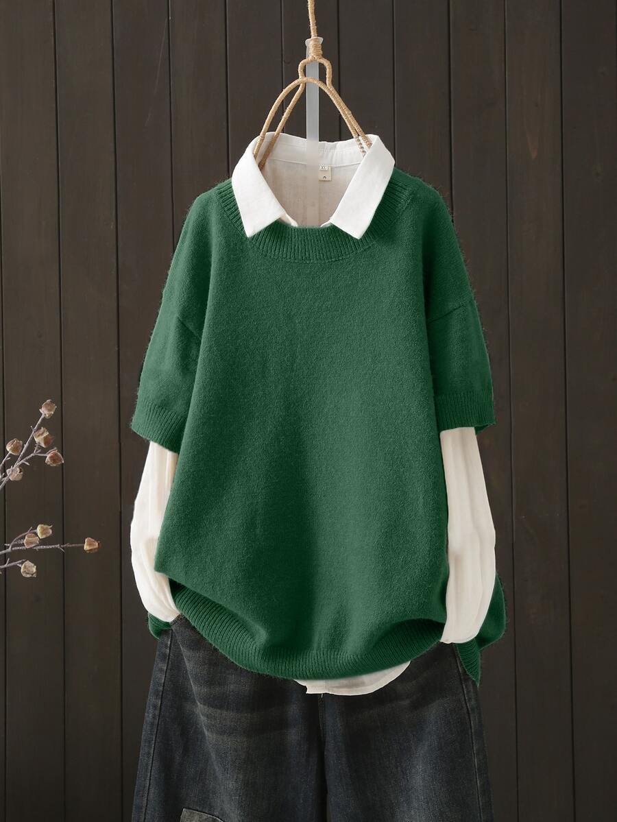Plus Size Women's Casual Everyday Commute Simple Solid Color Round Neck Dropped Shoulder Loose Sweater (Excluding Shirt) Spring - North Deep Green - View 1