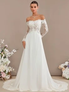 Elegant A-Line Off-The-Shoulder Wedding Dress With Detachable Court Train And Delicate Lace Chiffon Fabric | Stunning Bride Gown Adorned With Sparkling Sequins And Romantic Details, Perfect For Civil Ceremonies, Beach Weddings, Romantic Dates, Birthday Parties, Singles' Socials, Prom Nights, Anniversary Celebrations, Vacation Getaways, Cocktail Events, Graduation Banquets, And Formal Occasions | This Figure-Flattering Floor-Length Dress Is Designed In Size XS And Beyond With A Feminine Silhouette, Offering Timeless Elegance For Church Gatherings, Garden Receptions, Evening Galas, Photoshoots, And Creating Unforgettable Fashion Moments As A Bride, Bridesmaid, Or Wedding Guest. - 白色 - 查看 1