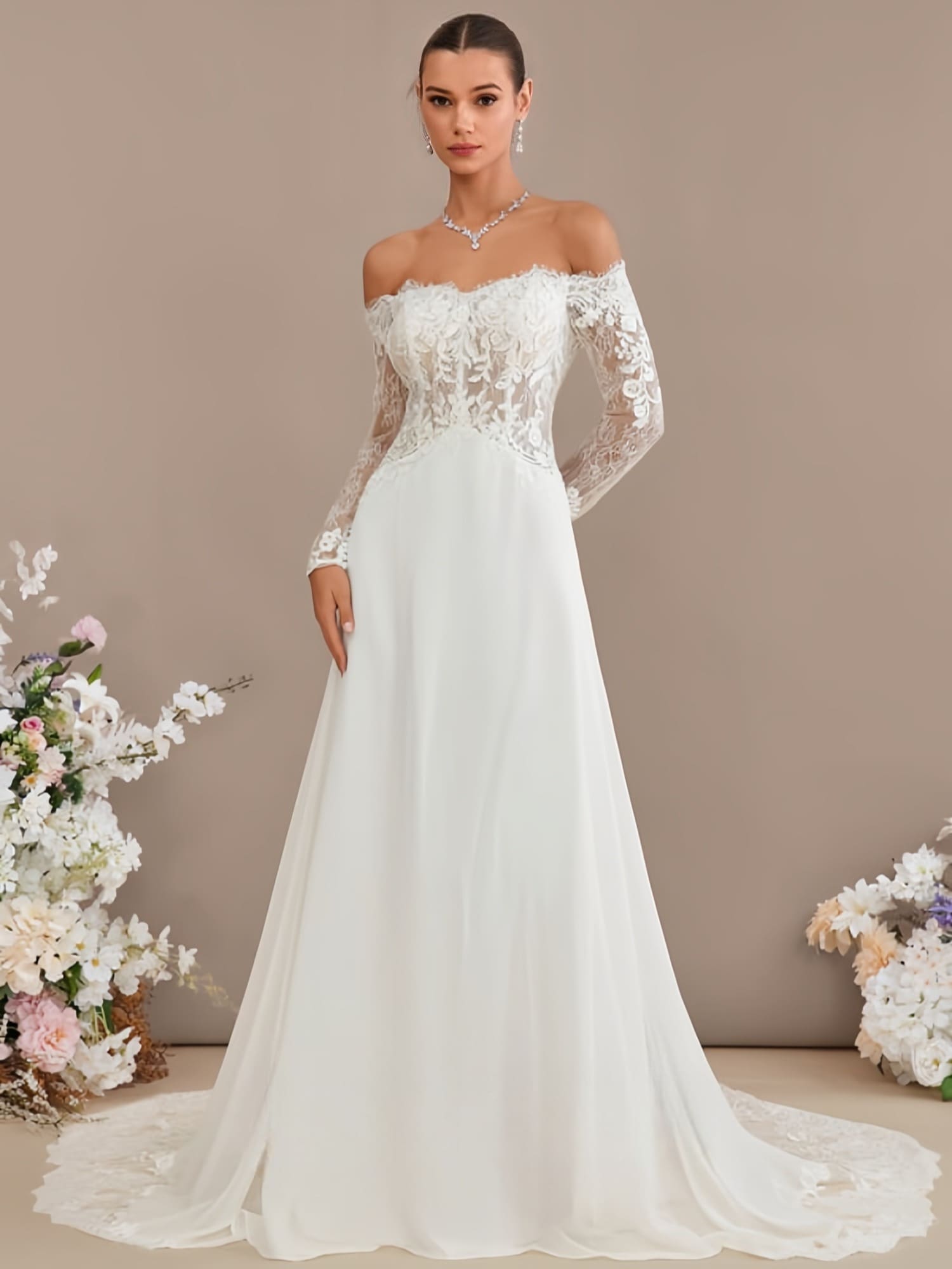 Elegant A-Line Off-The-Shoulder Wedding Dress With Detachable Court Train And Delicate Lace Chiffon Fabric | Stunning Bride Gown Adorned With Sparkling Sequins And Romantic Details, Perfect For Civil Ceremonies, Beach Weddings, Romantic Dates, Birthday Parties, Singles' Socials, Prom Nights, Anniversary Celebrations, Vacation Getaways, Cocktail Events, Graduation Banquets, And Formal Occasions | This Figure-Flattering Floor-Length Dress Is Designed In Size XS And Beyond With A Feminine Silhouette, Offering Timeless Elegance For Church Gatherings, Garden Receptions, Evening Galas, Photoshoots, And Creating Unforgettable Fashion Moments As A Bride, Bridesmaid, Or Wedding Guest. - 白色 - 查看 1