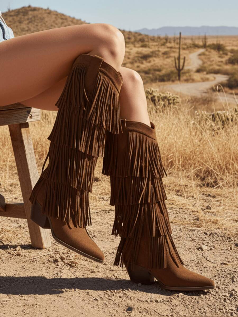 Vintage Cowgirl Outfits For Women Boots Pointed Toe Fringe Detail Chunky Mid Heel Pull On Festival Shoes Country Concert Wide Calf Boots Women Plus Size - 淺棕色 - 查看 1