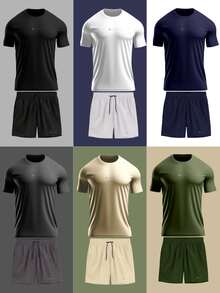 Kit Of 3 Sets: Dry Fit T-Shirt And Elastane Tactel Shorts For Gym Workout - 灰綠米色 - 查看 9