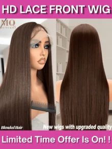 直发假发，无需胶水，预拔毛蕾丝前额，真人发混纺，棕色，自然发际线，无需胶水，巴西直发 #4，13X4 透明蕾丝前额闭合假发，无需胶水，女士假发，外观自然，适合新手 - 棕色 - 查看 2