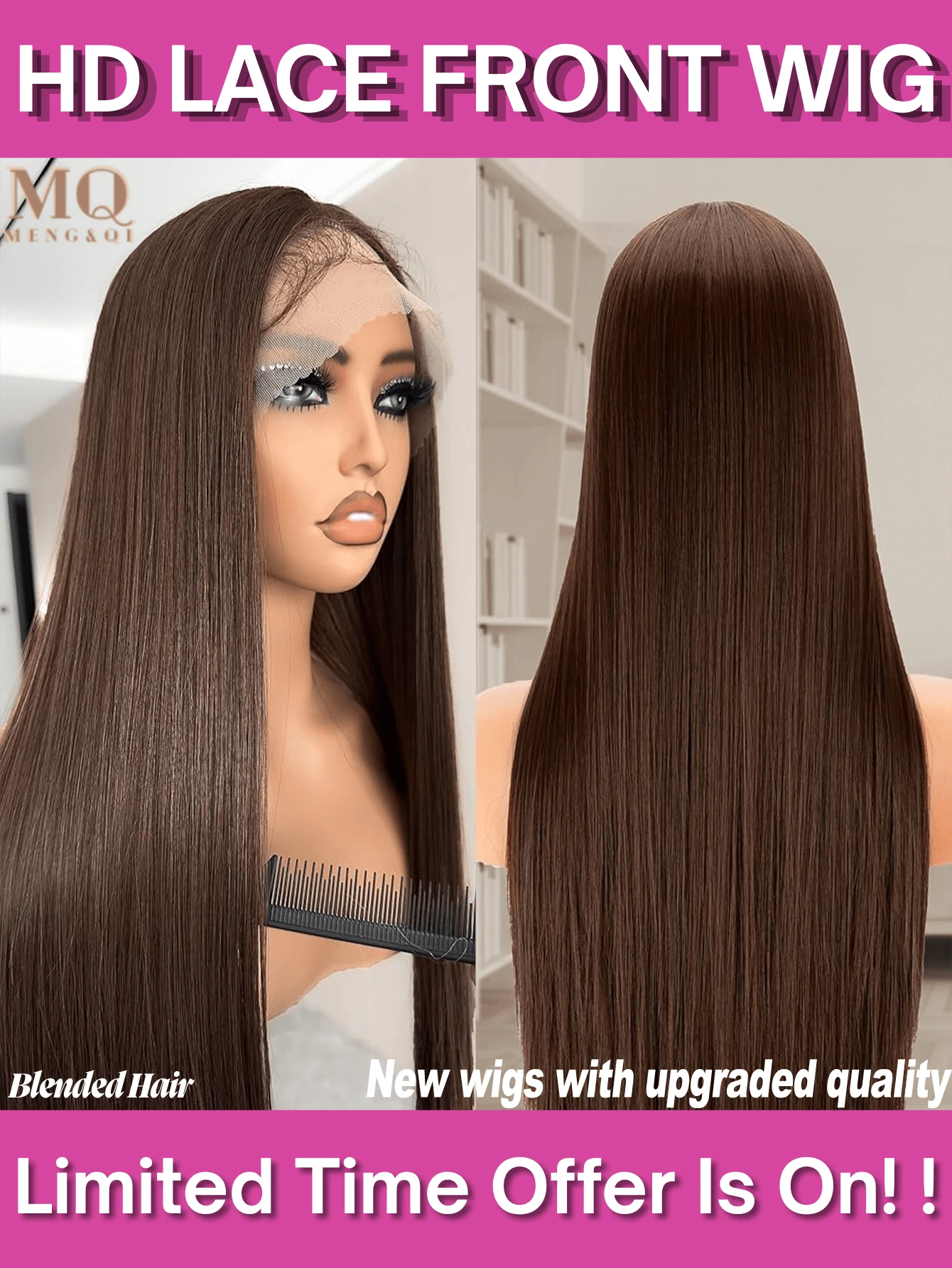 直发假发，无需胶水，预拔毛蕾丝前额，真人发混纺，棕色，自然发际线，无需胶水，巴西直发 #4，13X4 透明蕾丝前额闭合假发，无需胶水，女士假发，外观自然，适合新手