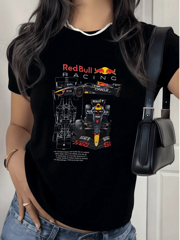 Elegante Camiseta de Mujer con Estampado de Fórmula 1 y Diseño Mecánico,220g,ideal para un look casual y deportivo.¡Comodidad y estilo en una sola prenda!